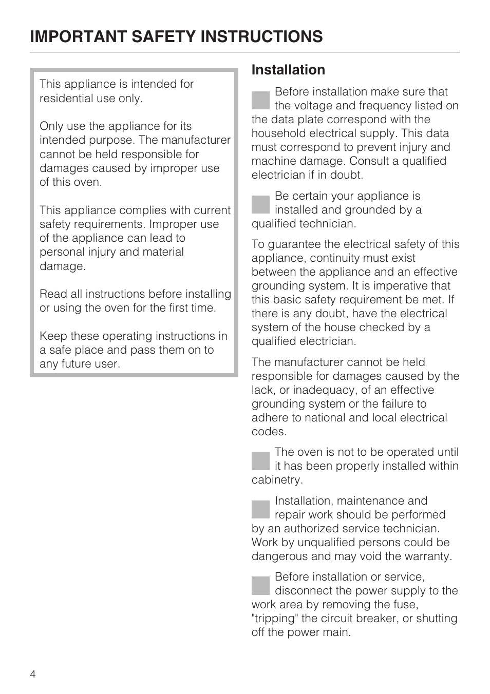 Important safety instructions 4, Important safety instructions, Installation | Miele H4890BP2 User Manual | Page 4 / 80