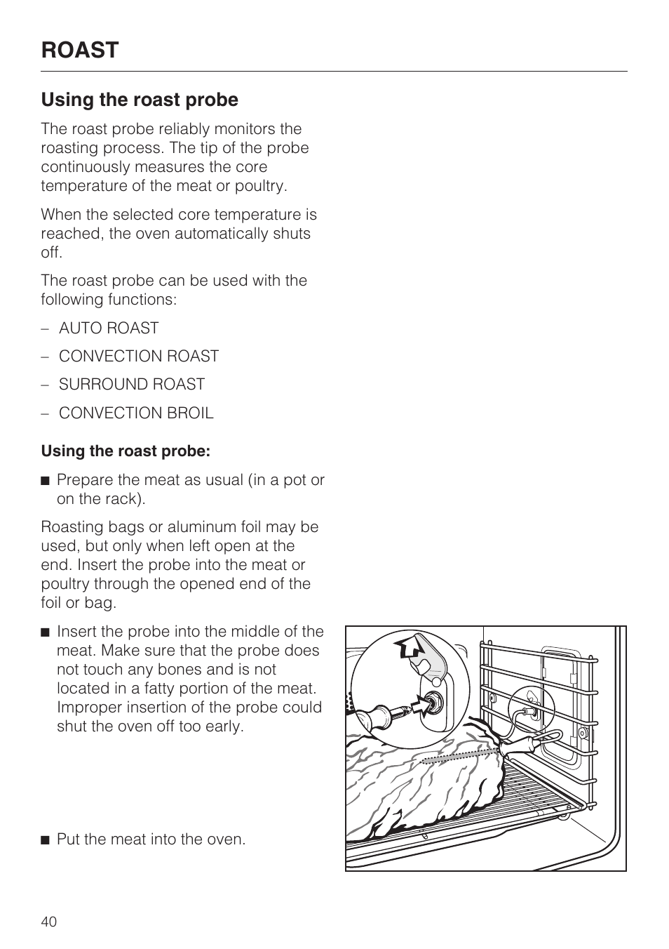 Using the roast probe 40, Roast, Using the roast probe | Miele H4890BP2 User Manual | Page 40 / 80