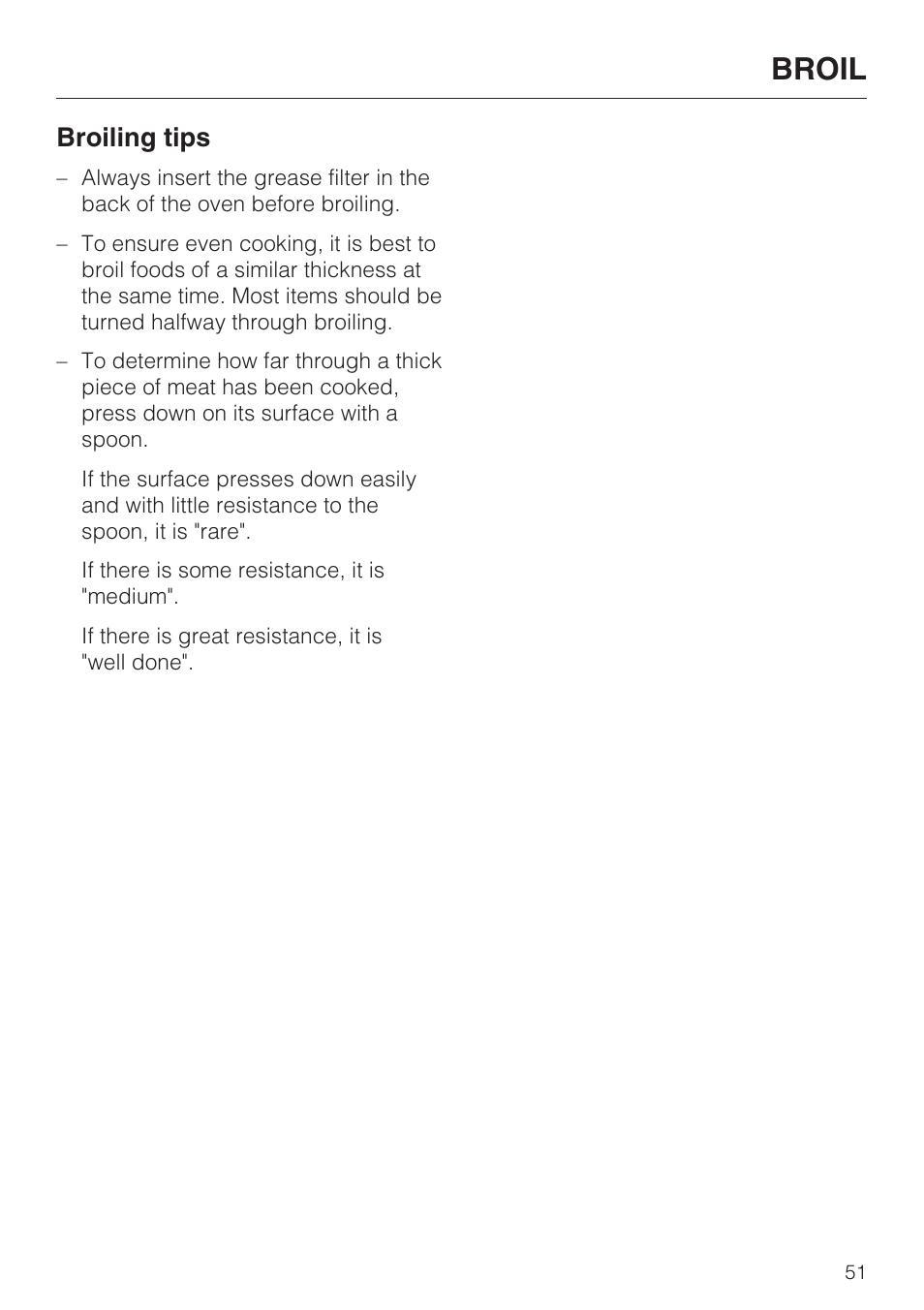 Broiling tips 51, Broil, Broiling tips | Miele H4890BP2 User Manual | Page 51 / 80