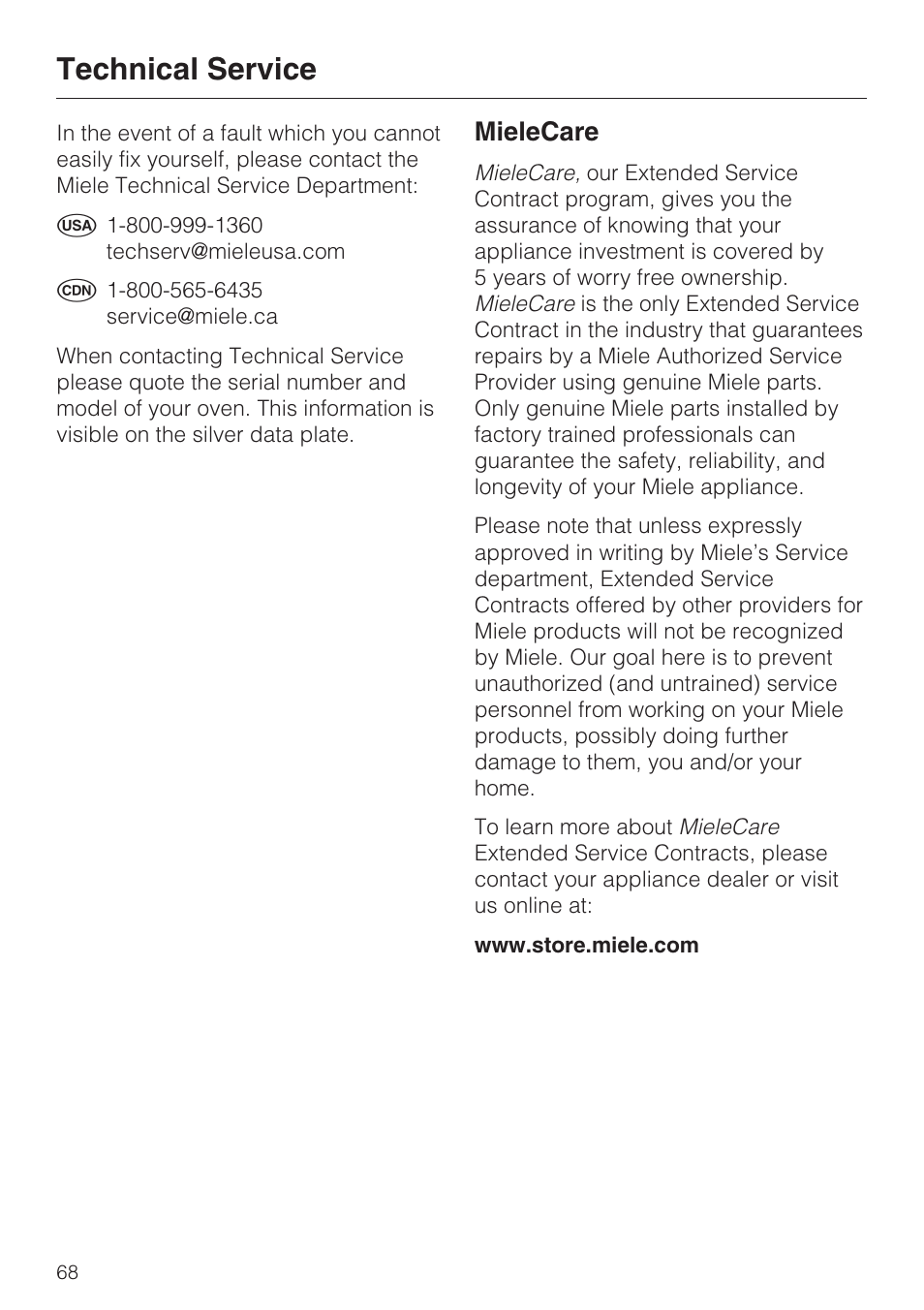 Technical service 68, Technical service, Mielecare | Miele H4890BP2 User Manual | Page 68 / 80