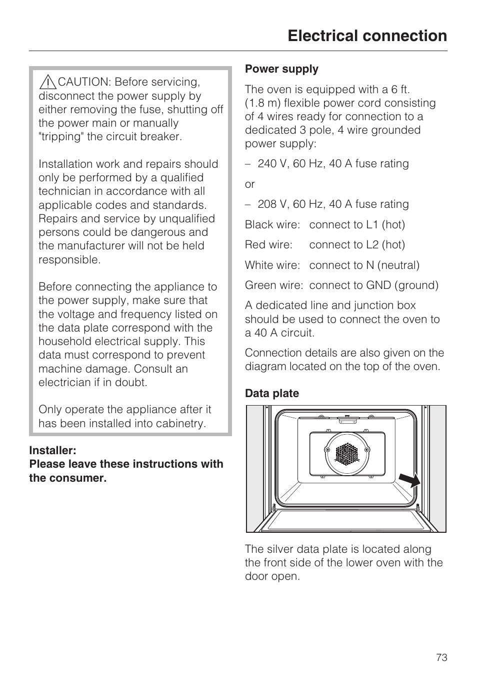 Electrical connection 73, Electrical connection | Miele H4890BP2 User Manual | Page 73 / 80