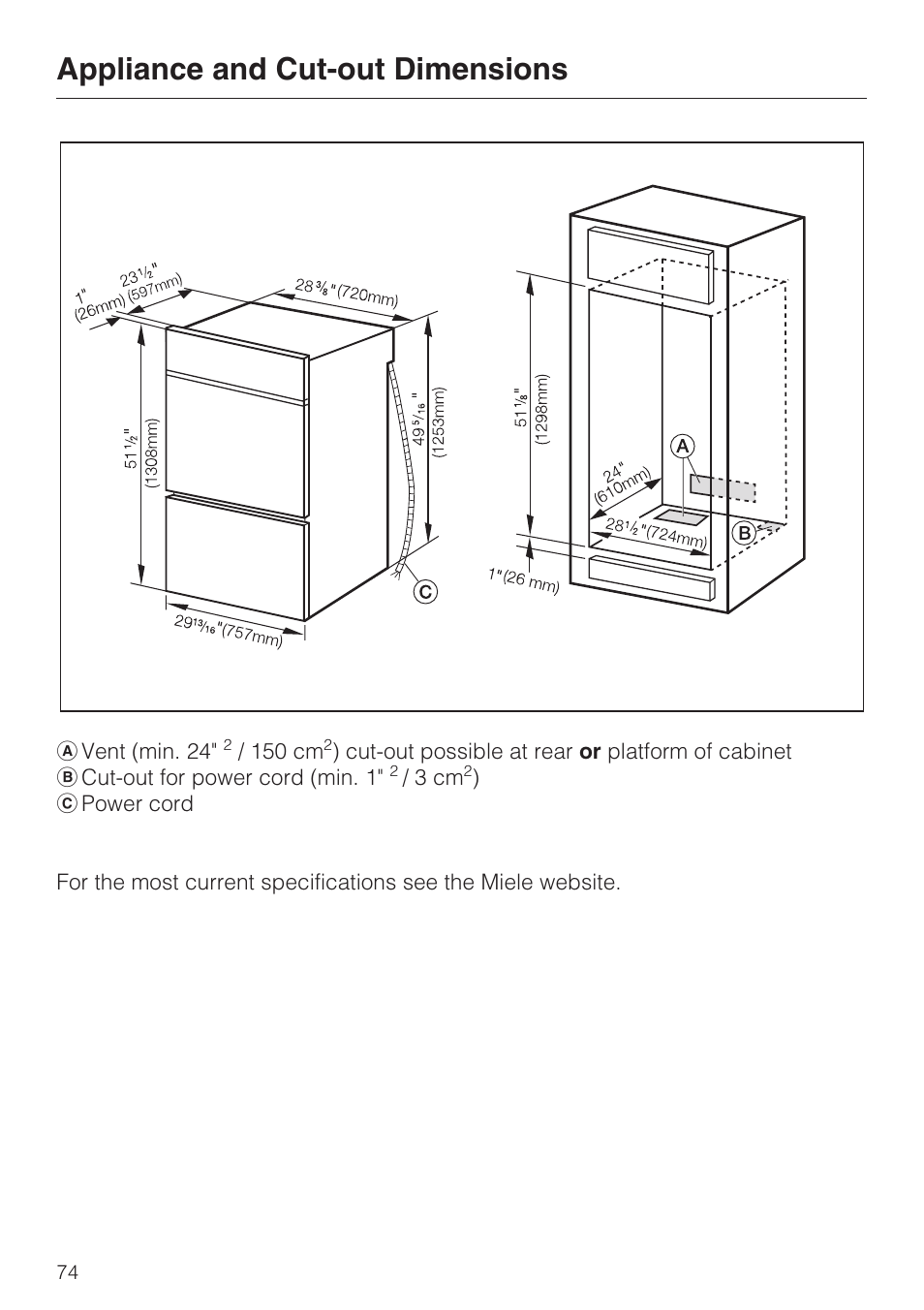 Appliance and cut-out dimensions 74, Appliance and cut-out dimensions | Miele H4890BP2 User Manual | Page 74 / 80