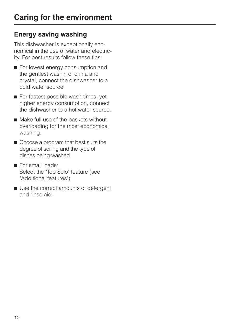 Caring for the environment 10, Energy saving washing 10, Caring for the environment | Energy saving washing | Miele G 832 SC User Manual | Page 10 / 48