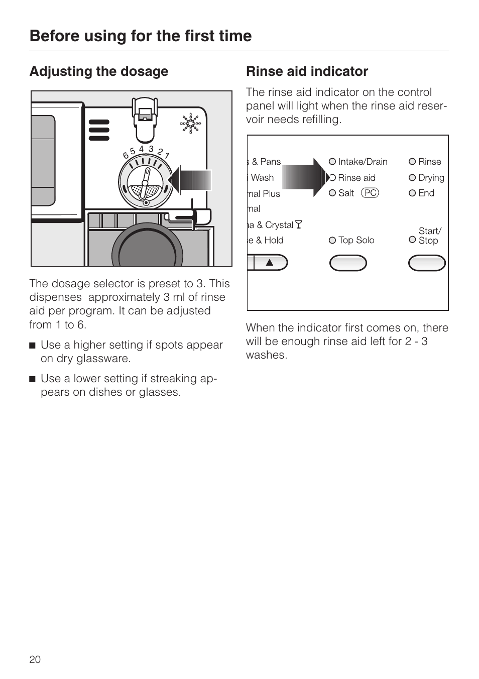 Adjusting the dosage 20, Rinse aid indicator 20, Adjusting the dosage rinse aid indicator | Before using for the first time, Adjusting the dosage, Rinse aid indicator | Miele G 832 SC User Manual | Page 20 / 48