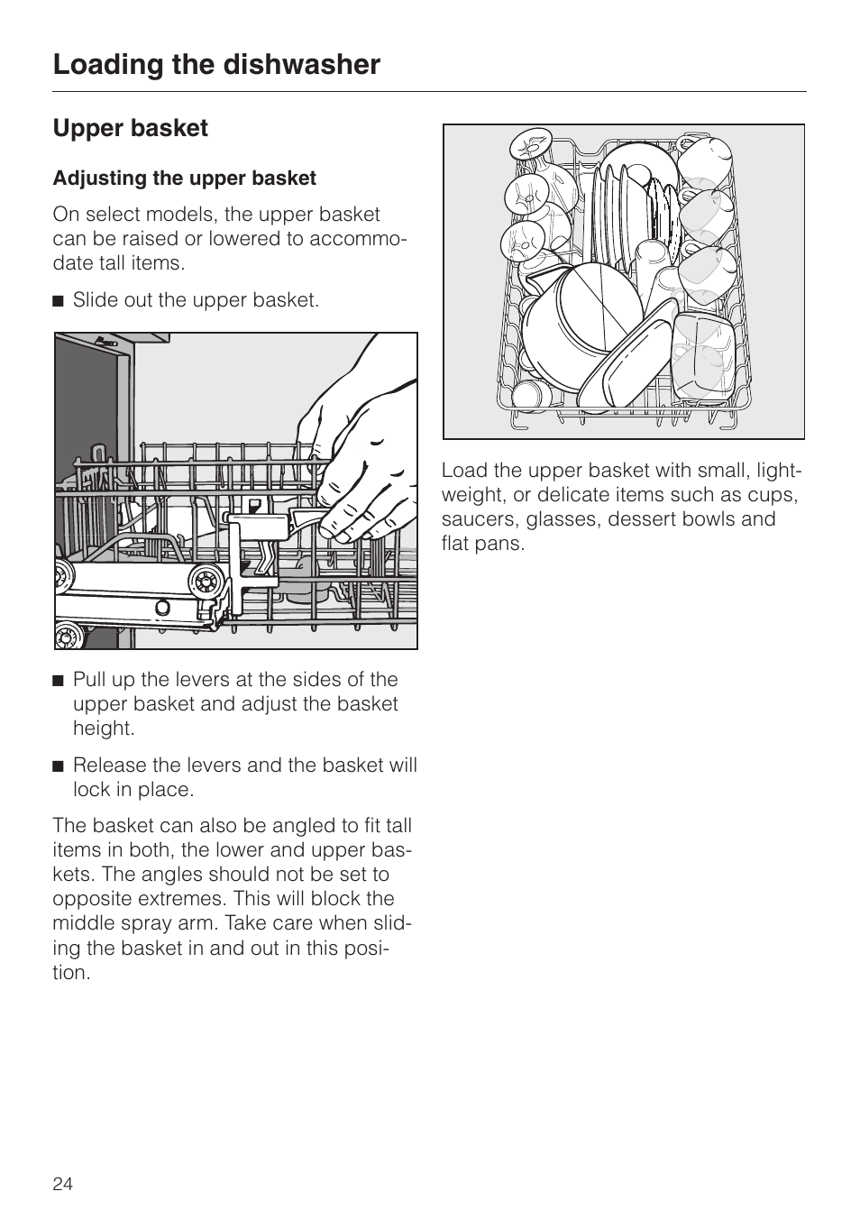 Upper basket 24, Adjusting the upper basket 24, Upper basket | Adjusting the upper basket, Loading the dishwasher | Miele G 832 SC User Manual | Page 24 / 48