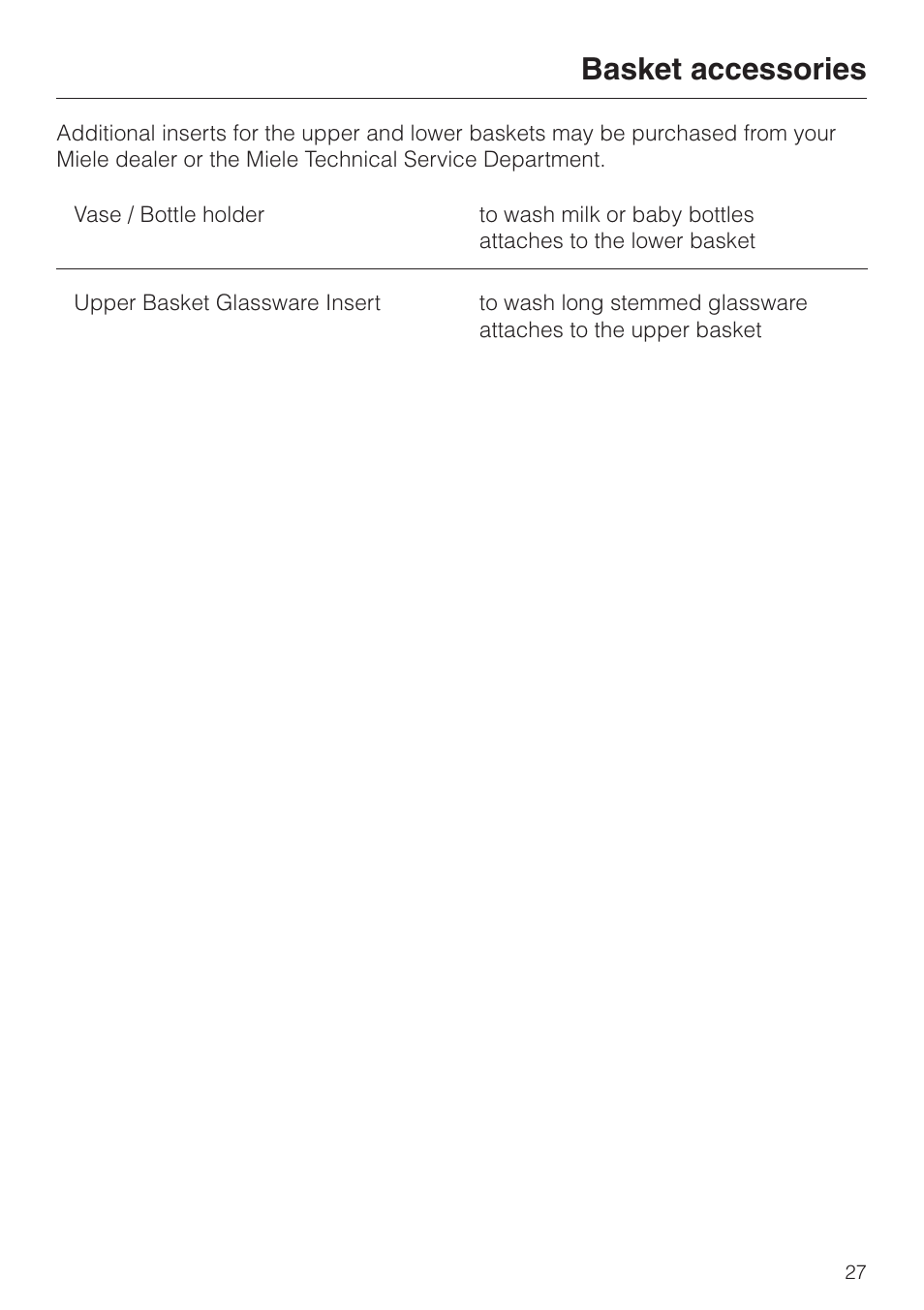 Basket accessories 27, Basket accessories | Miele G 832 SC User Manual | Page 27 / 48