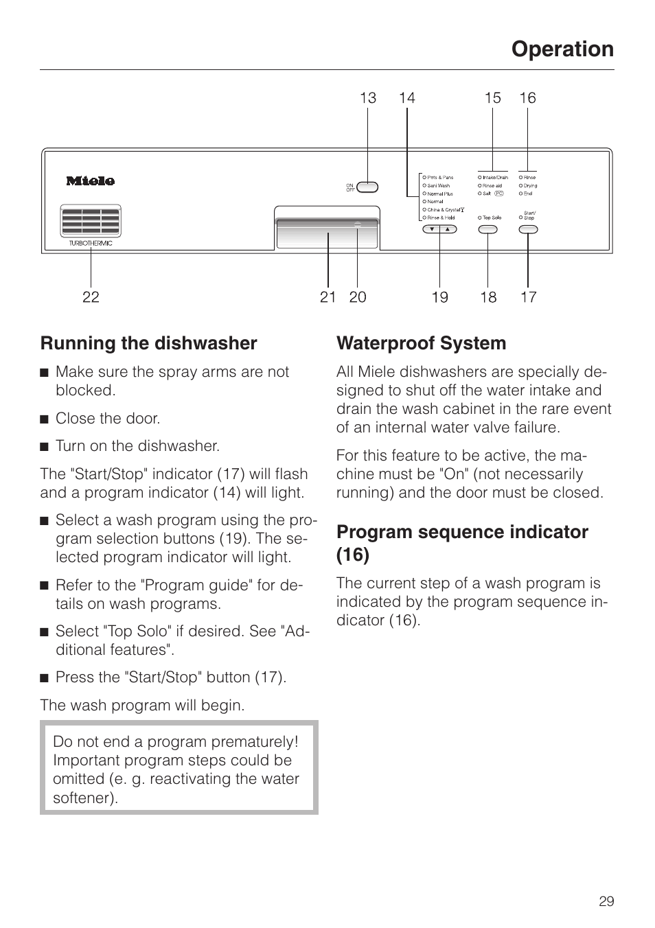 Running the dishwasher 29, Program sequence indicator (16) 29, Operation | Running the dishwasher, Waterproof system, Program sequence indicator (16) | Miele G 832 SC User Manual | Page 29 / 48