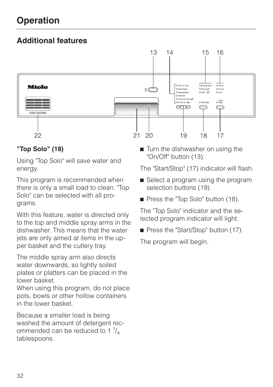 Additional features 32, Top solo" (18) 32, Additional features | Top solo" (18), Operation | Miele G 832 SC User Manual | Page 32 / 48