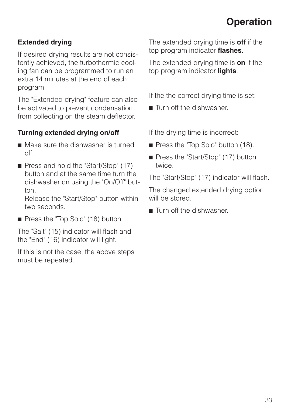 Extended drying 33, Extended drying, Operation | Miele G 832 SC User Manual | Page 33 / 48