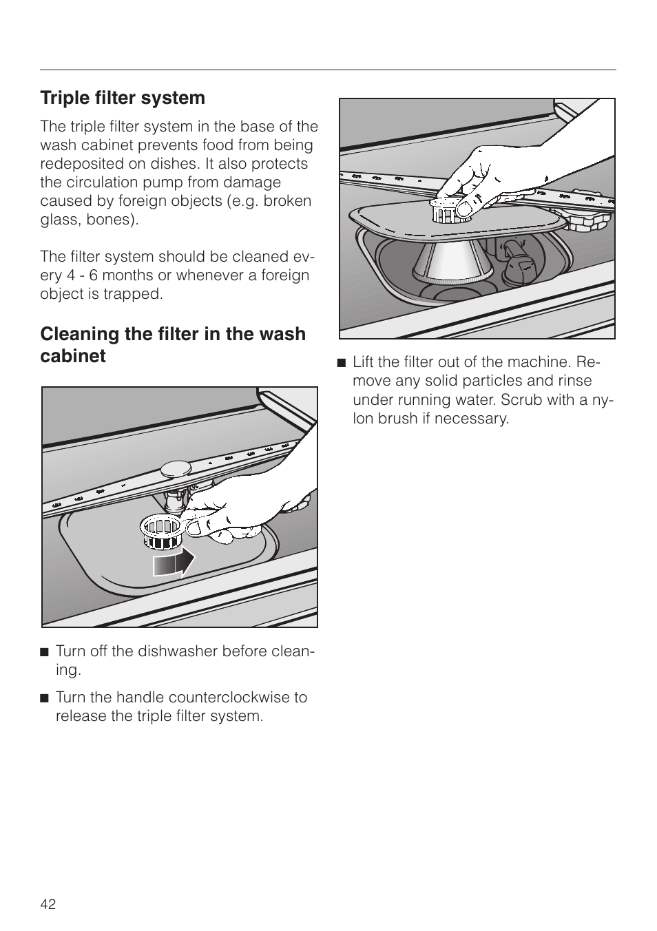 Cleaning the filter in the wash cabinet 42, Cleaning the filter in the wash cabinet, Triple filter system | Miele G 832 SC User Manual | Page 42 / 48
