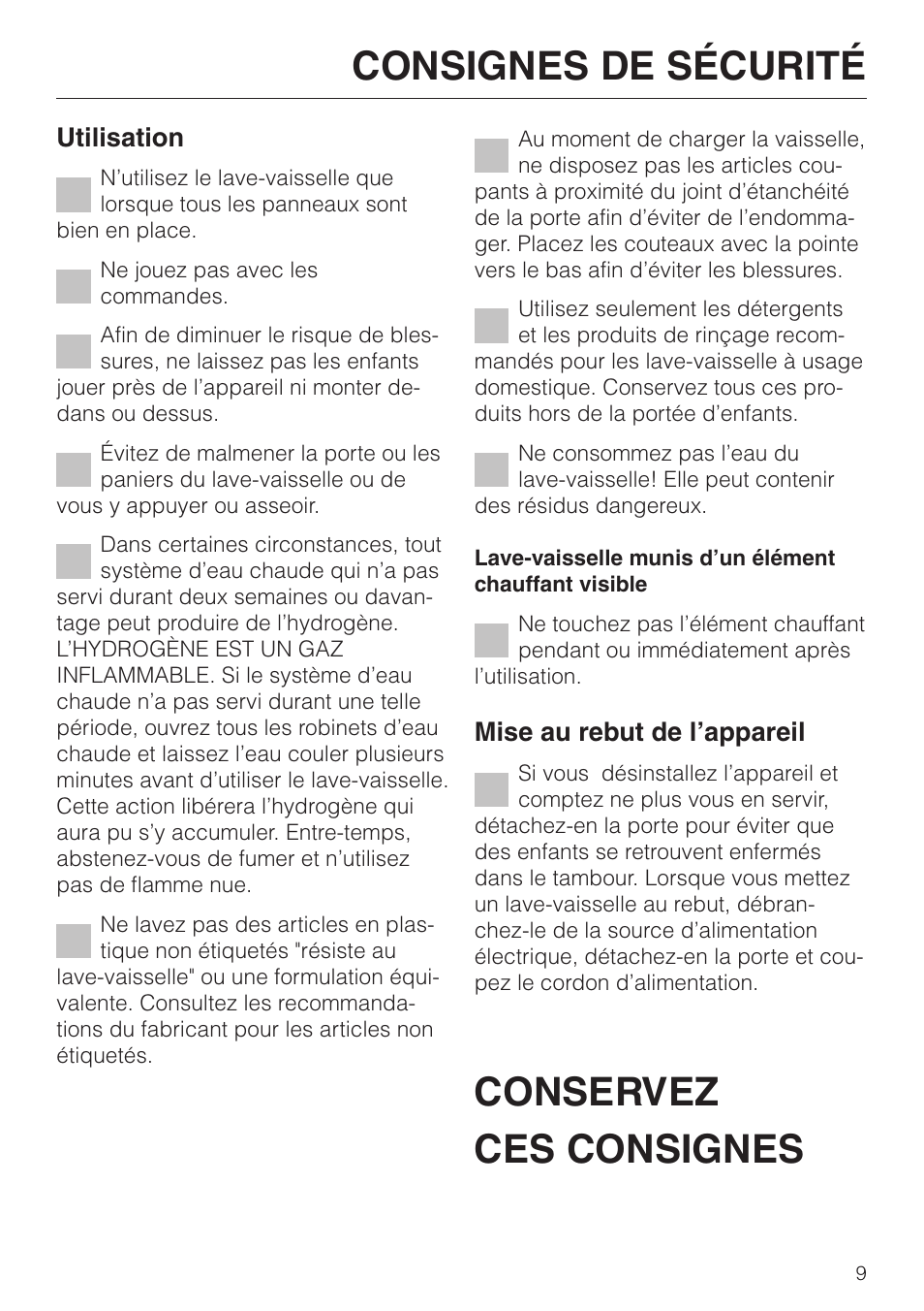 Conservez ces consignes consignes de sécurité | Miele G 832 SC User Manual | Page 9 / 48