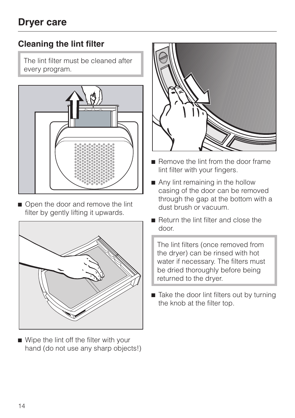 Dryer care 14, Cleaning the lint filter 14, Dryer care | Cleaning the lint filter | Miele T 1339 C User Manual | Page 14 / 44
