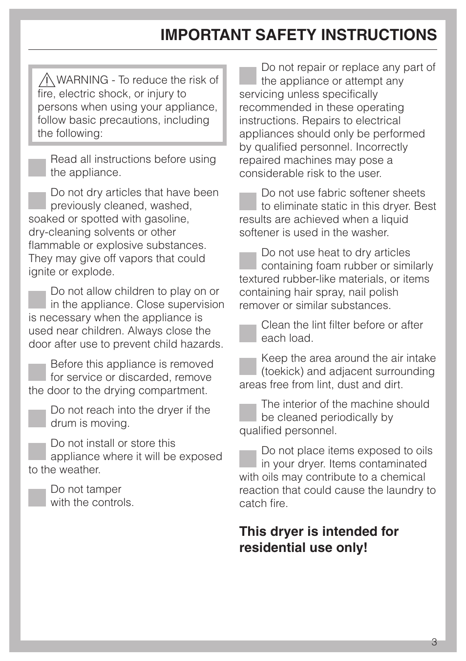 Important safety instructions 3, Important safety instructions, This dryer is intended for residential use only | Miele T 1339 C User Manual | Page 3 / 44