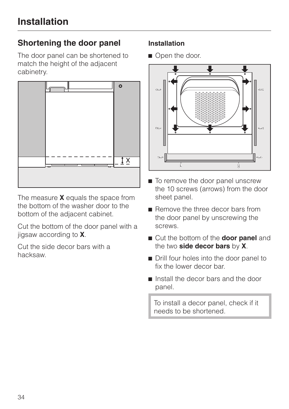 Shortening the door panel 34, Shortening the door panel, Installation | Miele T 1339 C User Manual | Page 38 / 44