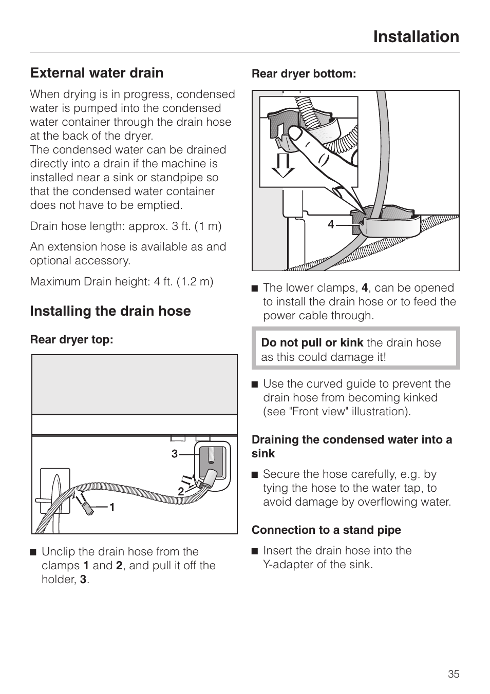 External water drain 35, External water drain, Installation | Installing the drain hose | Miele T 1339 C User Manual | Page 39 / 44