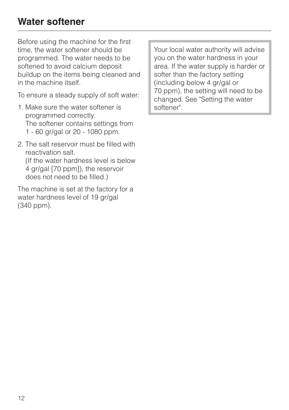 Water softener 12, Water softener | Miele G 7883 User Manual | Page 12 / 64