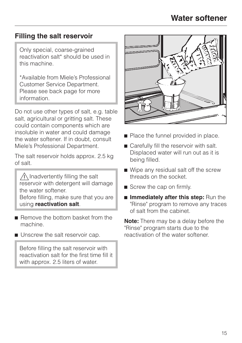 Filling the salt reservoir 15, Filling the salt reservoir, Water softener | Miele G 7883 User Manual | Page 15 / 64