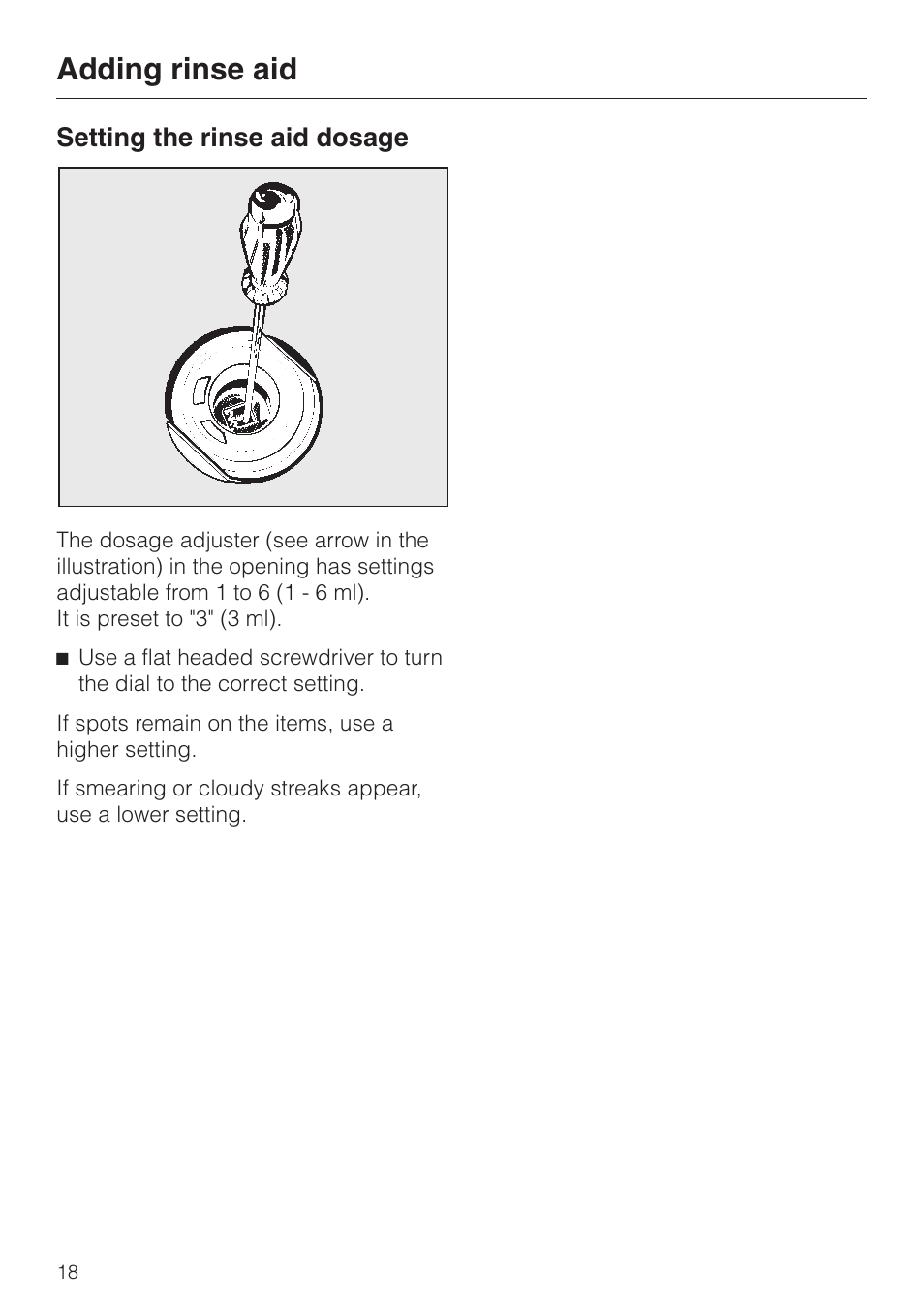Setting the rinse aid dosage 18, Setting the rinse aid dosage, Adding rinse aid | Miele G 7883 User Manual | Page 18 / 64
