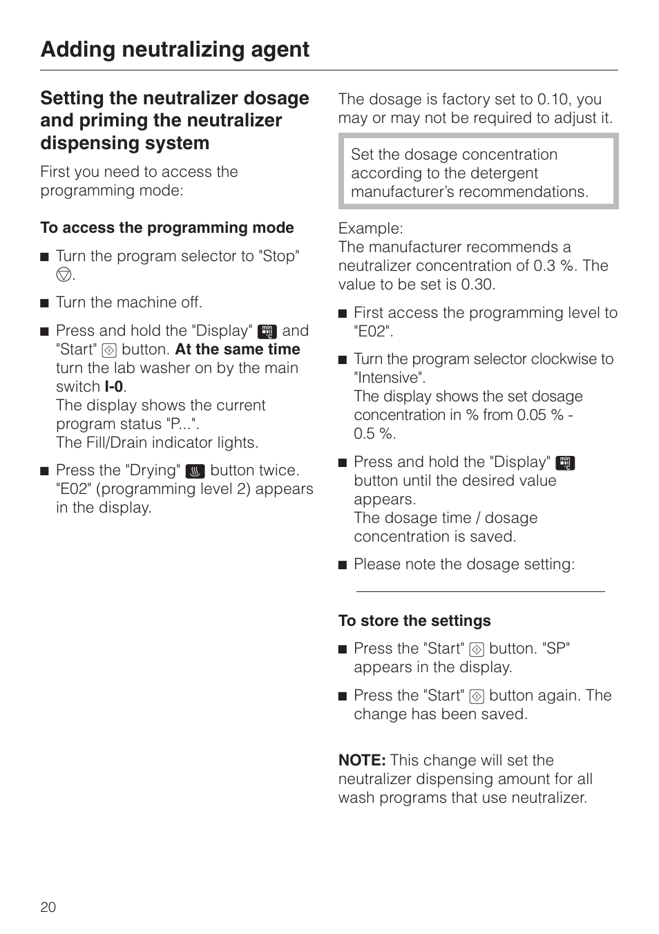 Adding neutralizing agent | Miele G 7883 User Manual | Page 20 / 64