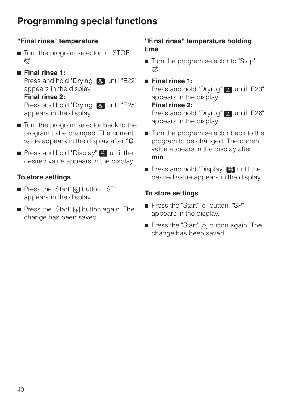 Programming special functions | Miele G 7883 User Manual | Page 40 / 64