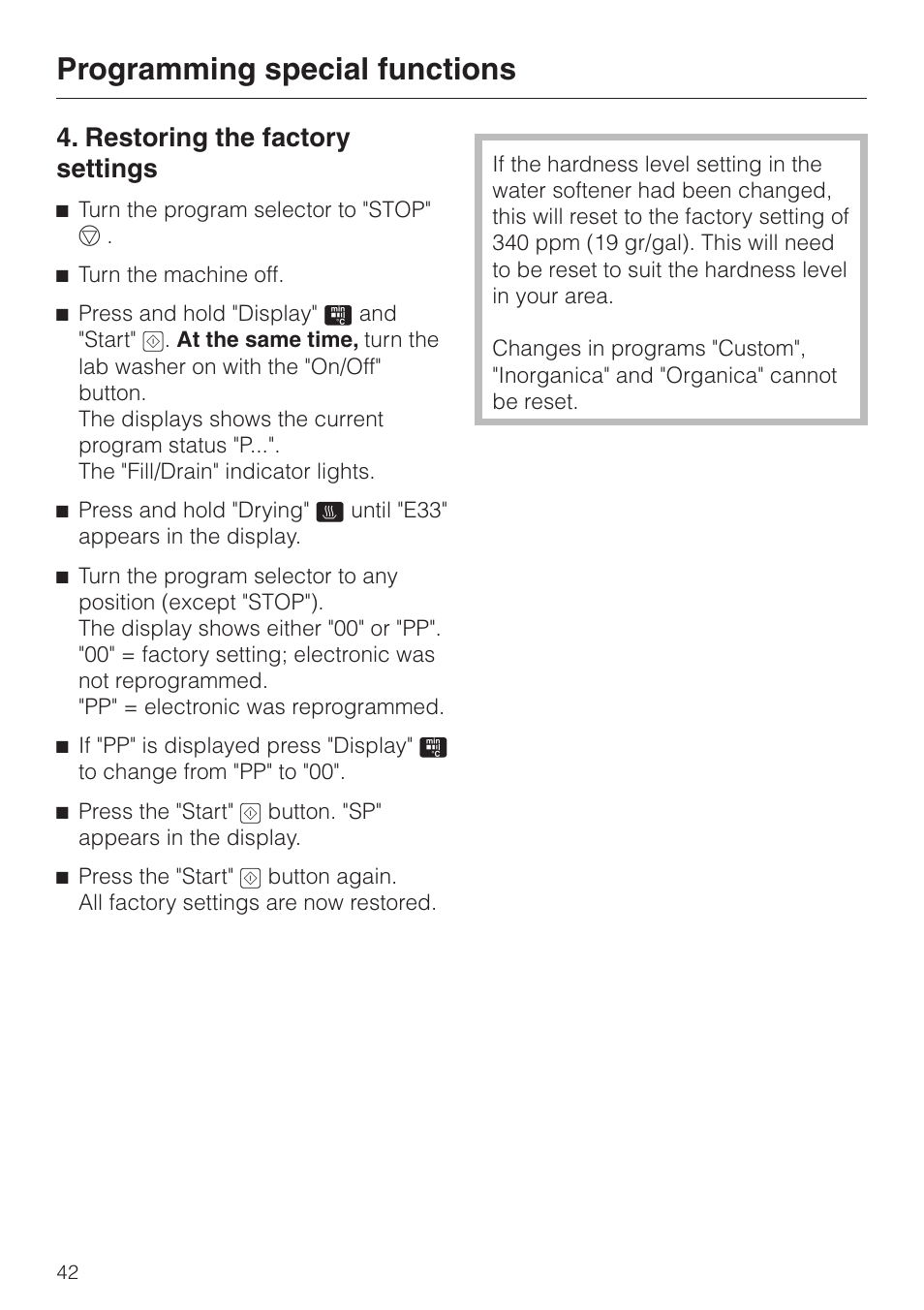 Programming special functions, Restoring the factory settings | Miele G 7883 User Manual | Page 42 / 64