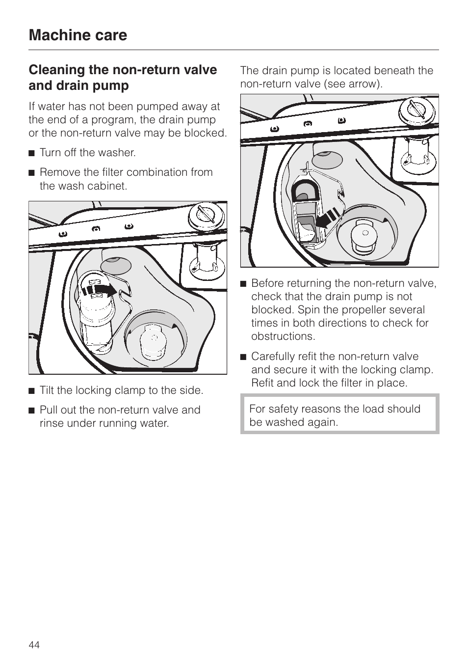 Machine care, Cleaning the non-return valve and drain pump | Miele G 7883 User Manual | Page 44 / 64