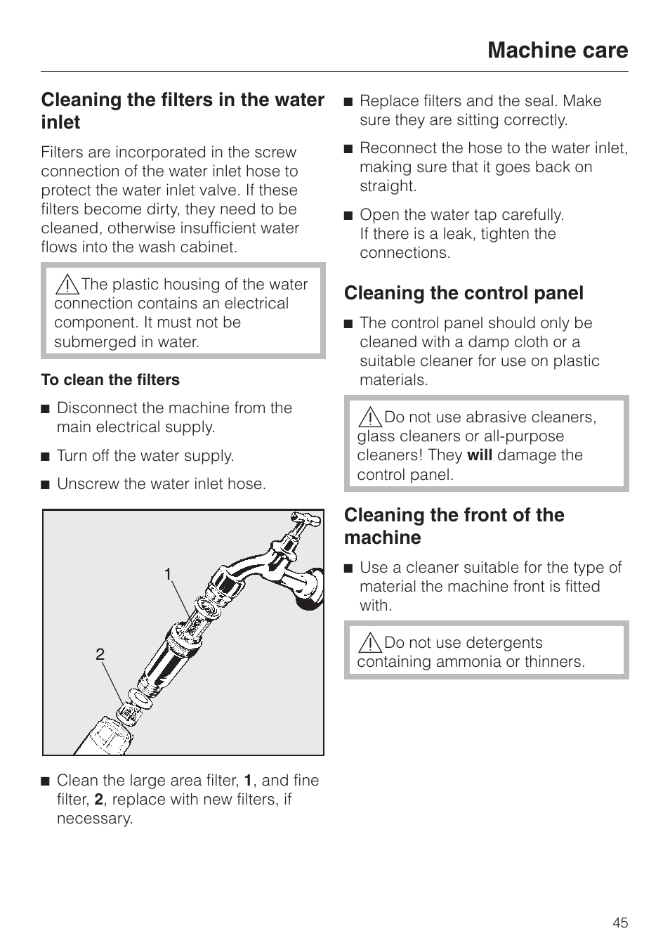 Machine care, Cleaning the filters in the water inlet, Cleaning the control panel | Cleaning the front of the machine | Miele G 7883 User Manual | Page 45 / 64
