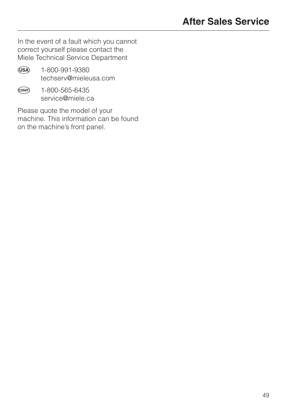 After sales service 49, After sales service | Miele G 7883 User Manual | Page 49 / 64