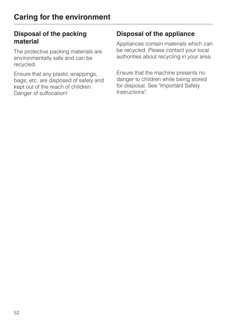 Caring for the environment 52, Caring for the environment | Miele G 7883 User Manual | Page 52 / 64