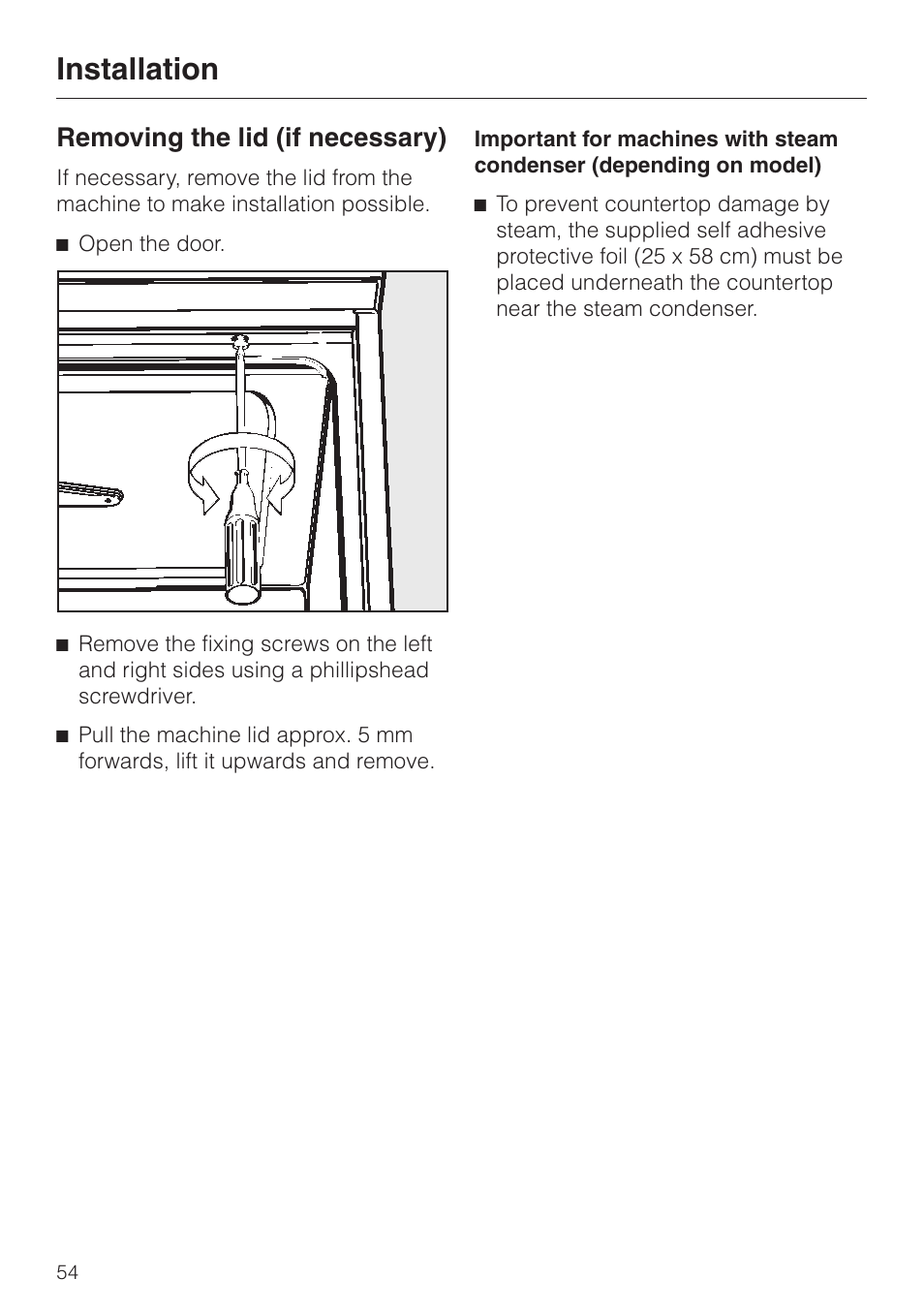 Installation, Removing the lid (if necessary) | Miele G 7883 User Manual | Page 54 / 64