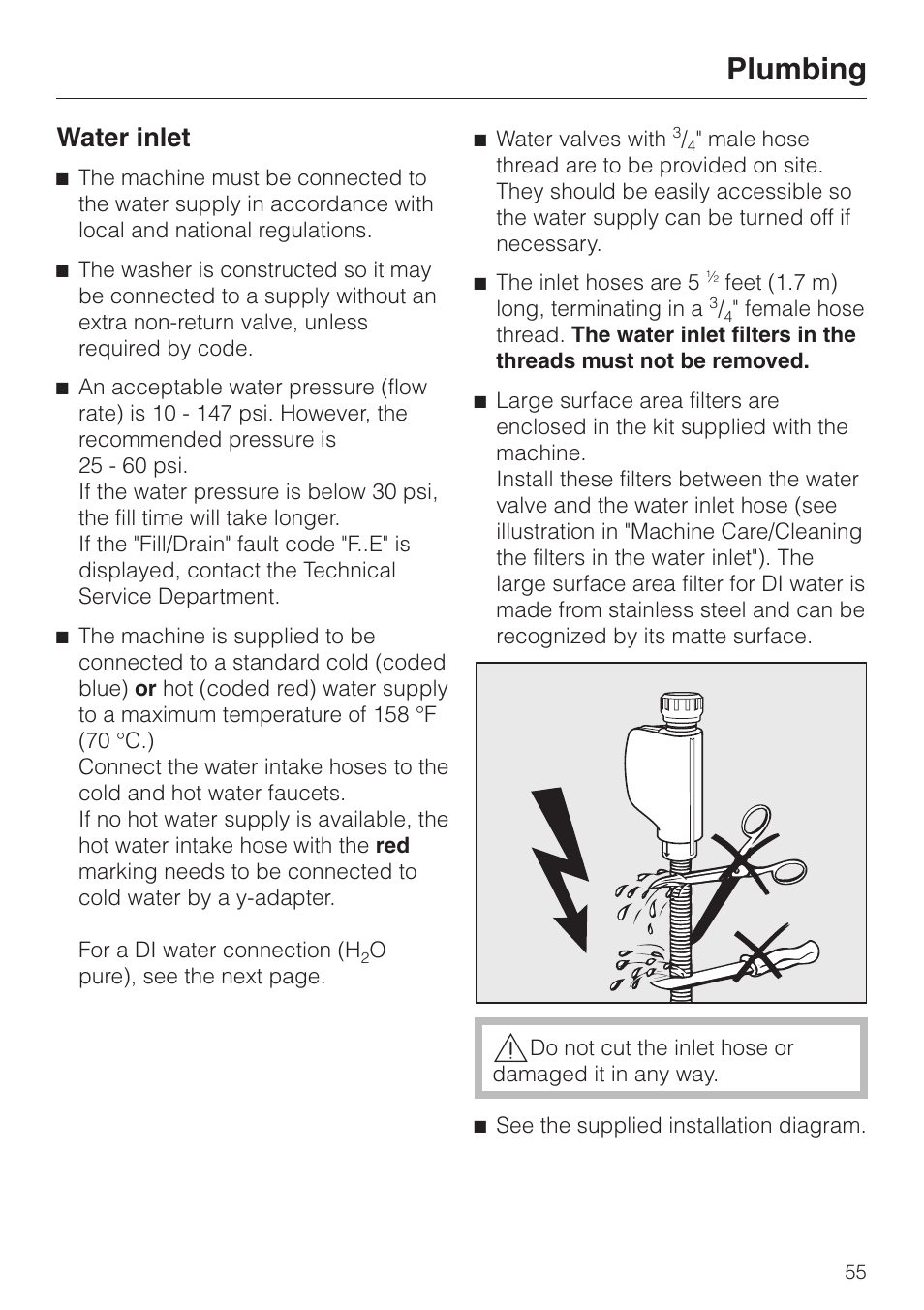 Plumbing 55, Water inlet 55, Plumbing | Water inlet | Miele G 7883 User Manual | Page 55 / 64