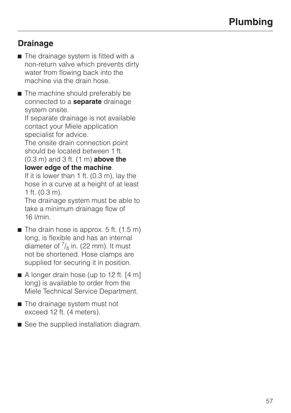 Plumbing, Drainage | Miele G 7883 User Manual | Page 57 / 64