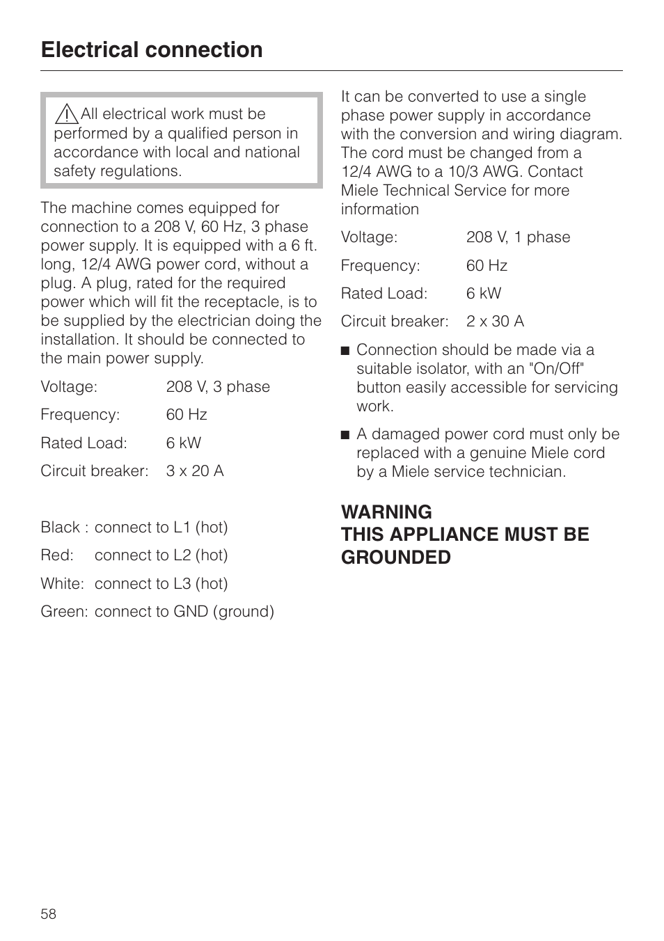 Electrical connection 58, Electrical connection, Warning this appliance must be grounded | Miele G 7883 User Manual | Page 58 / 64