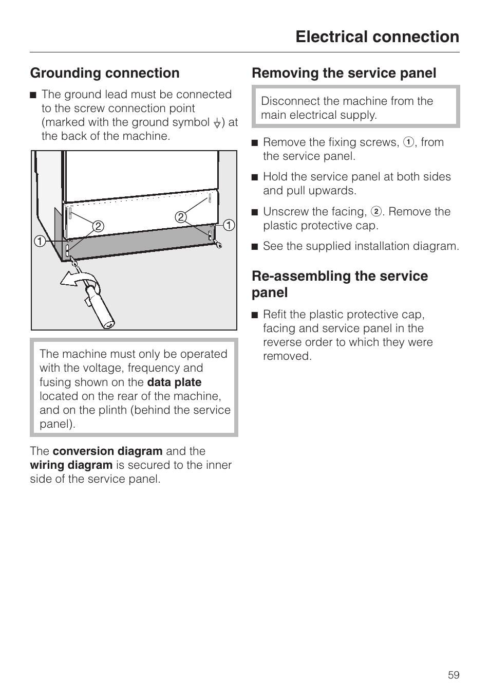 Electrical connection, Grounding connection, Removing the service panel | Re-assembling the service panel | Miele G 7883 User Manual | Page 59 / 64
