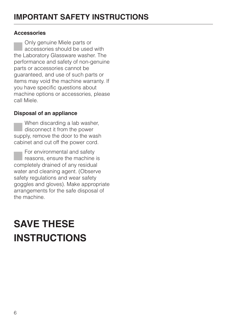 Save these instructions, Important safety instructions | Miele G 7883 User Manual | Page 6 / 64