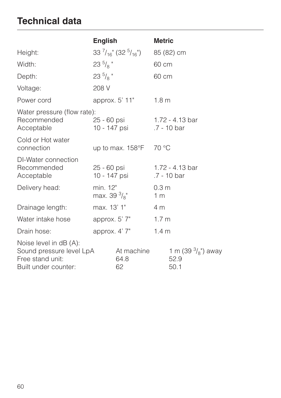Technical data 60, Technical data | Miele G 7883 User Manual | Page 60 / 64
