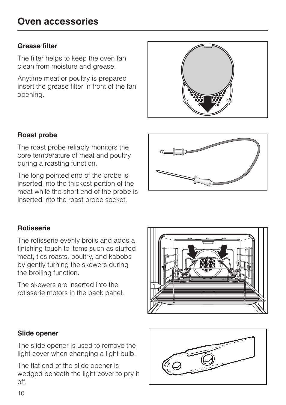 Grease filter 10, Roast probe 10, Rotisserie 10 | Slide opener 10, Oven accessories | Miele H4880BP User Manual | Page 10 / 76