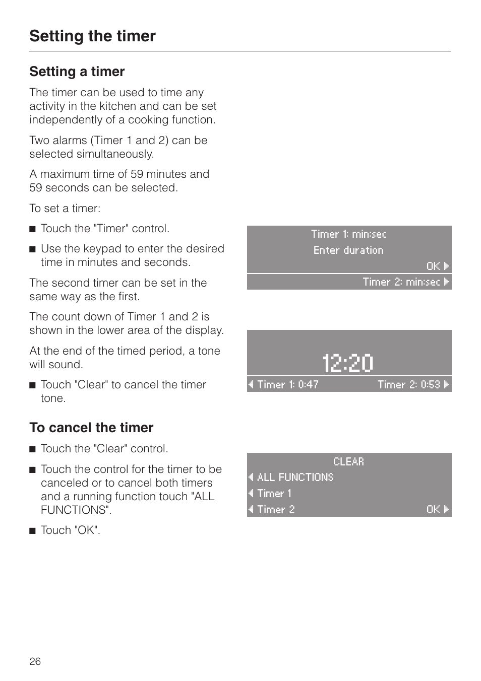 Setting the timer 26, Setting the timer, Setting a timer | Miele H4880BP User Manual | Page 26 / 76