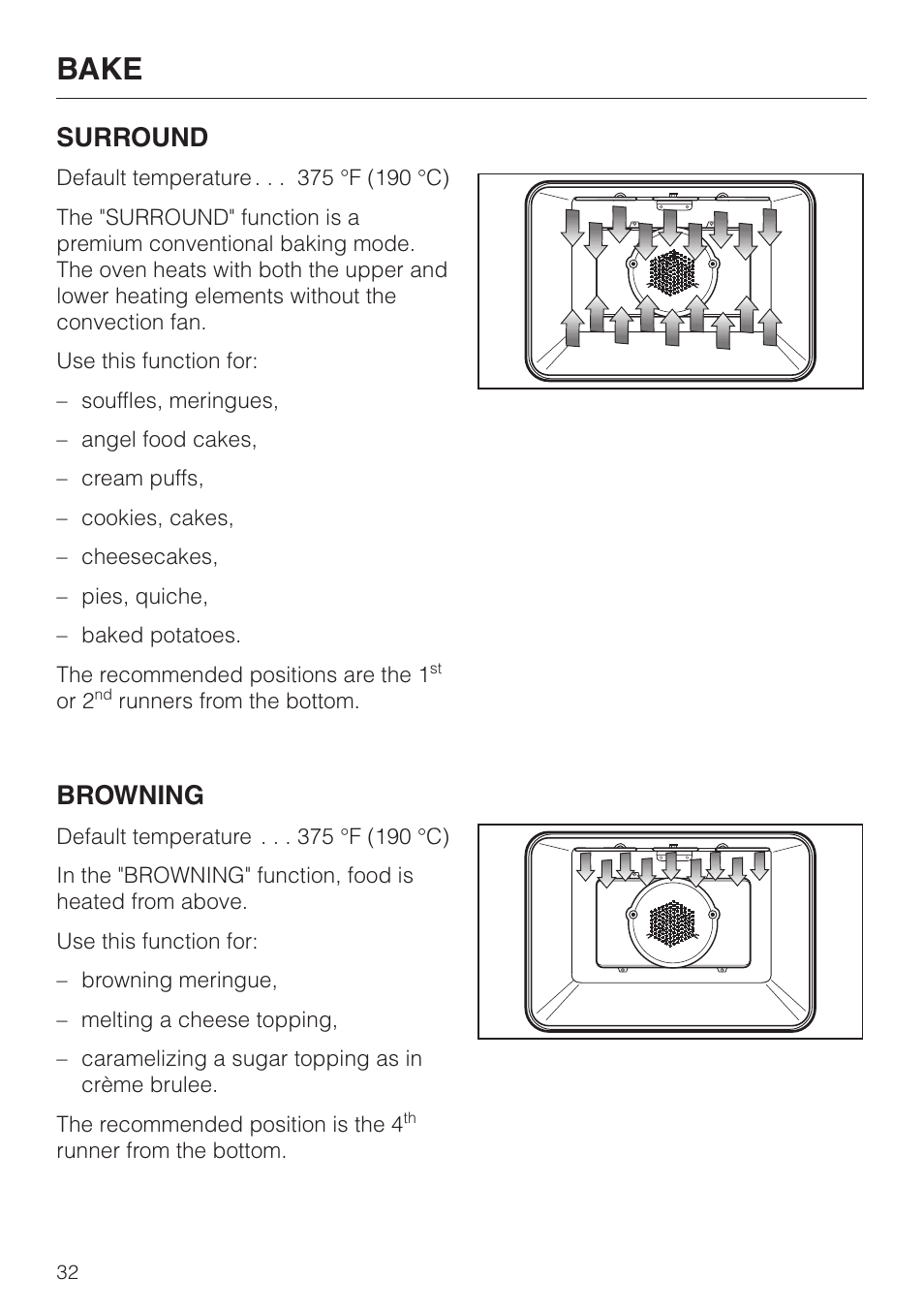 Bake, Surround, Browning | Miele H4880BP User Manual | Page 32 / 76