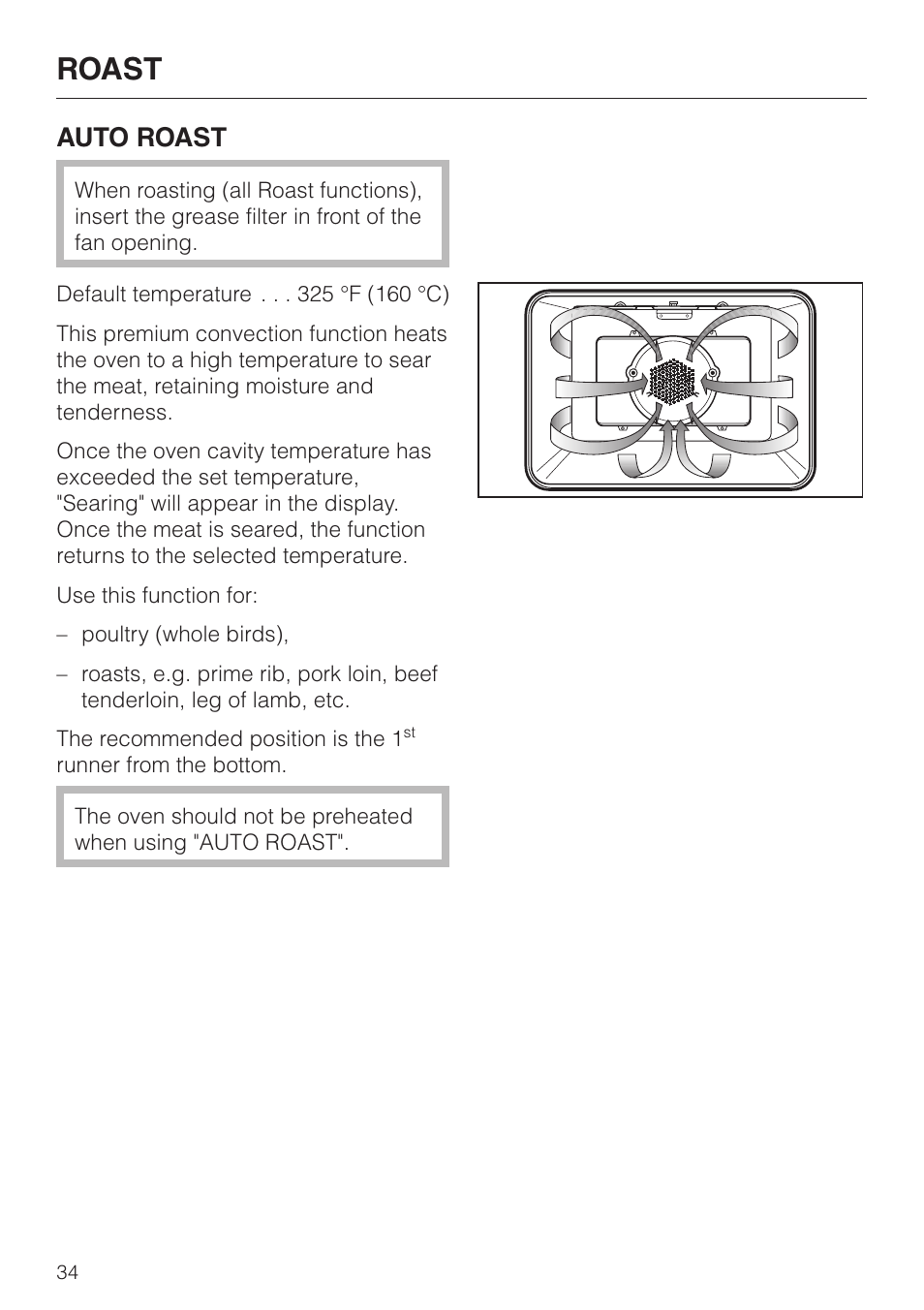 Roast 34, Roast, Auto roast | Miele H4880BP User Manual | Page 34 / 76