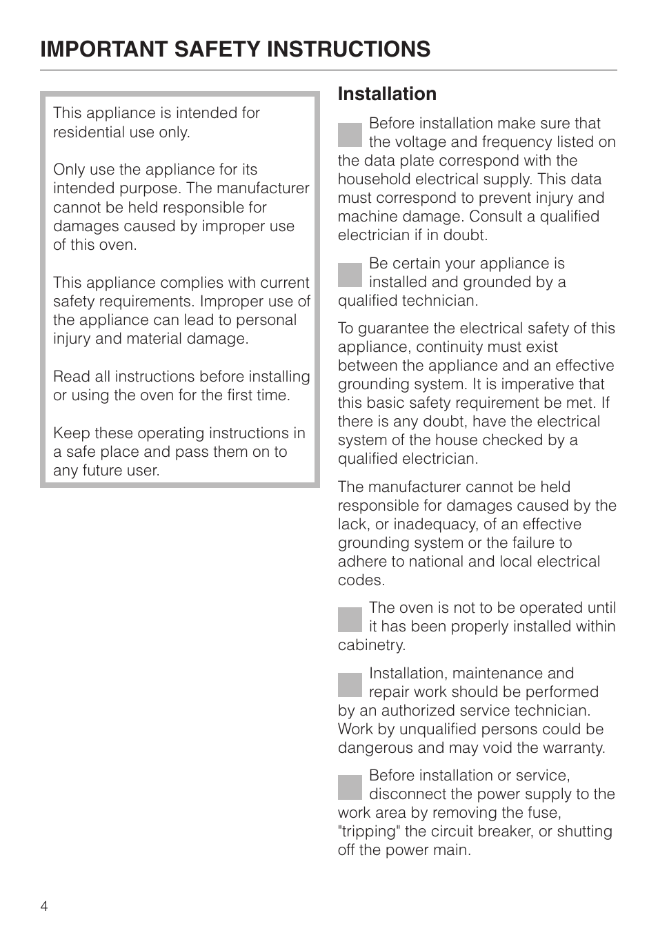 Important safety instructions 4, Important safety instructions, Installation | Miele H4880BP User Manual | Page 4 / 76