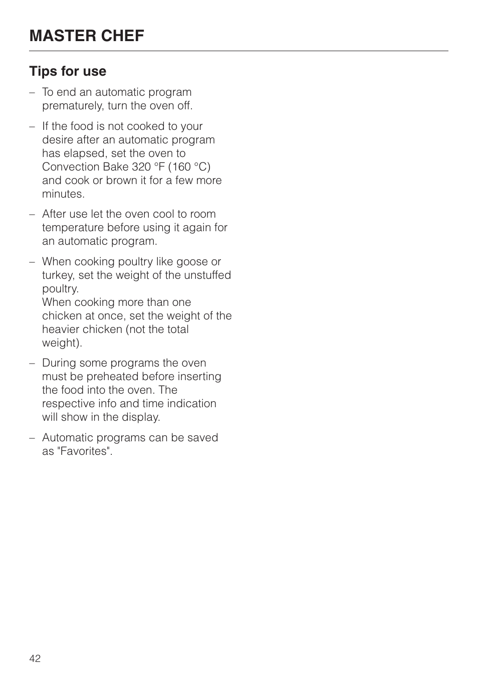 Master chef, Tips for use | Miele H4880BP User Manual | Page 42 / 76
