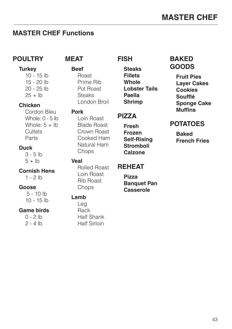 Master chef, Master chef functions poultry, Meat | Fish, Pizza, Reheat, Baked goods, Potatoes | Miele H4880BP User Manual | Page 43 / 76