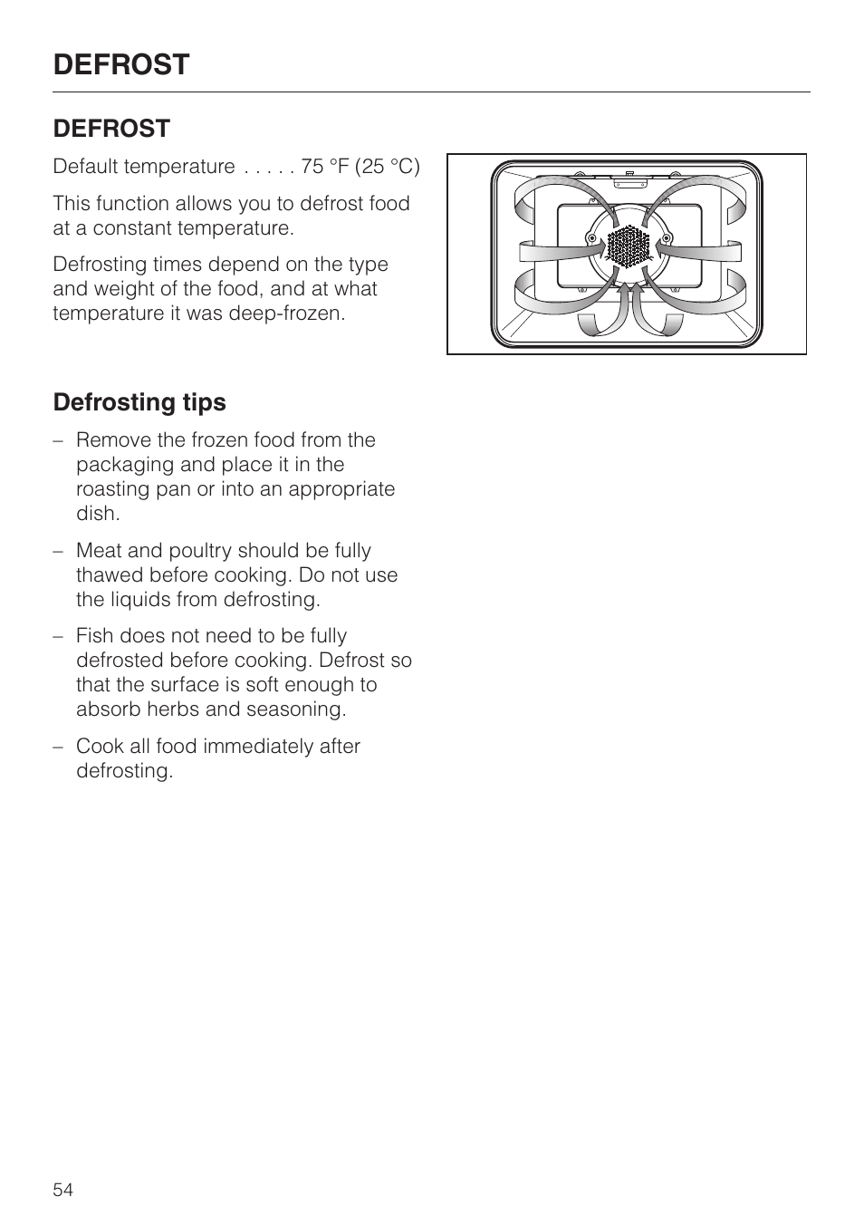 Defrost 54, Defrosting tips 54, Defrost | Defrosting tips | Miele H4880BP User Manual | Page 54 / 76