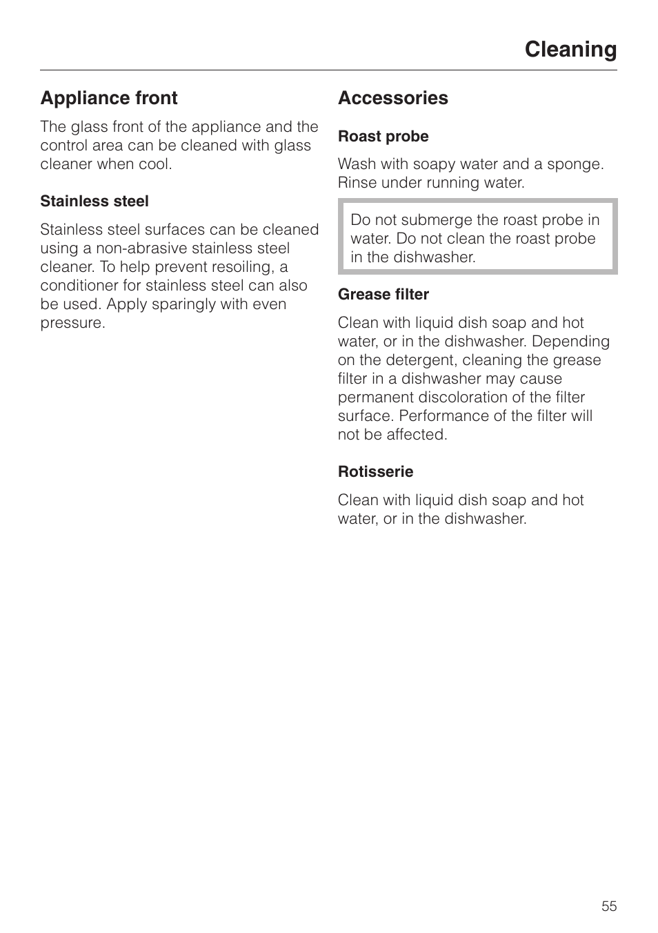 Cleaning 55, Cleaning, Appliance front | Accessories | Miele H4880BP User Manual | Page 55 / 76