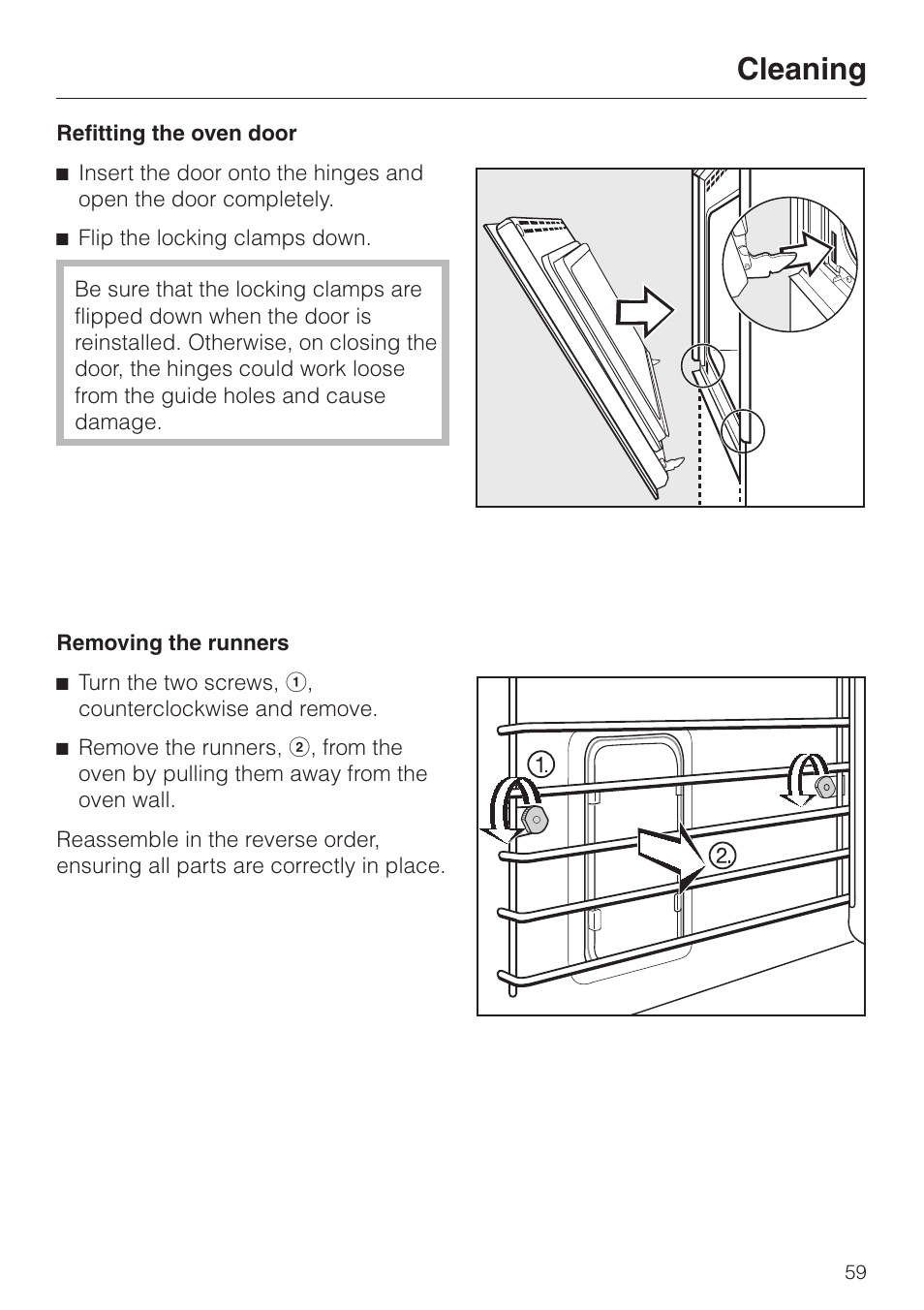 Removing the runners 59, Cleaning | Miele H4880BP User Manual | Page 59 / 76