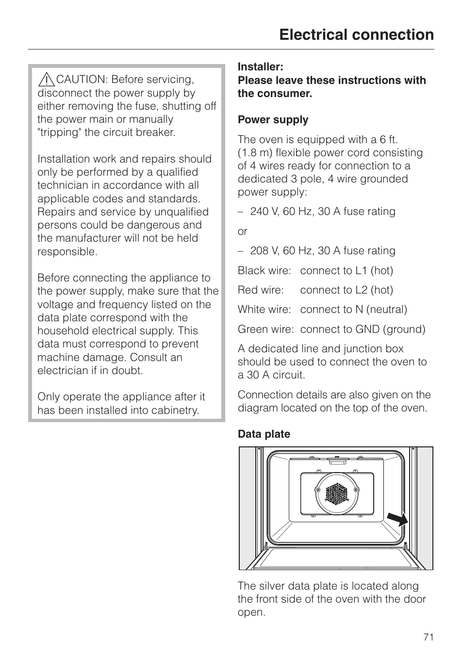Electrical connection 71, Electrical connection | Miele H4880BP User Manual | Page 71 / 76