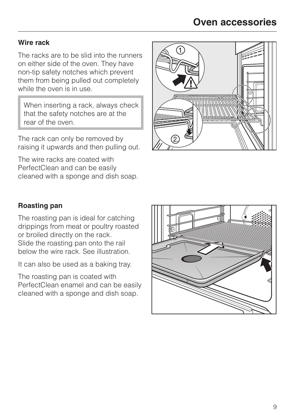 Oven accessories 9, Wire rack 9, Roasting pan 9 | Oven accessories | Miele H4880BP User Manual | Page 9 / 76