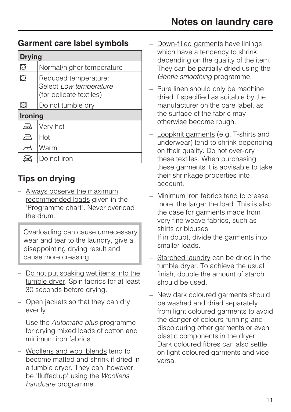 Notes on laundry care 11, Garment care label symbols 11, Tips on drying 11 | Garment care label symbols, Tips on drying | Miele T 8822 C User Manual | Page 11 / 56