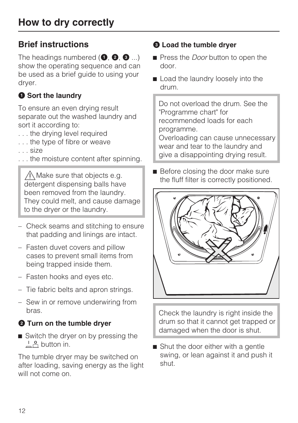 How to dry correctly 12, Brief instructions 12, How to dry correctly | Brief instructions | Miele T 8822 C User Manual | Page 12 / 56